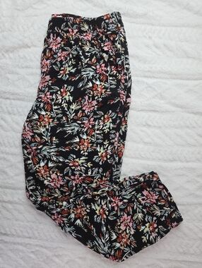 Jessica Simpson Floral Pants Black Pink Crop High Rise Pull On Elastic Waist M